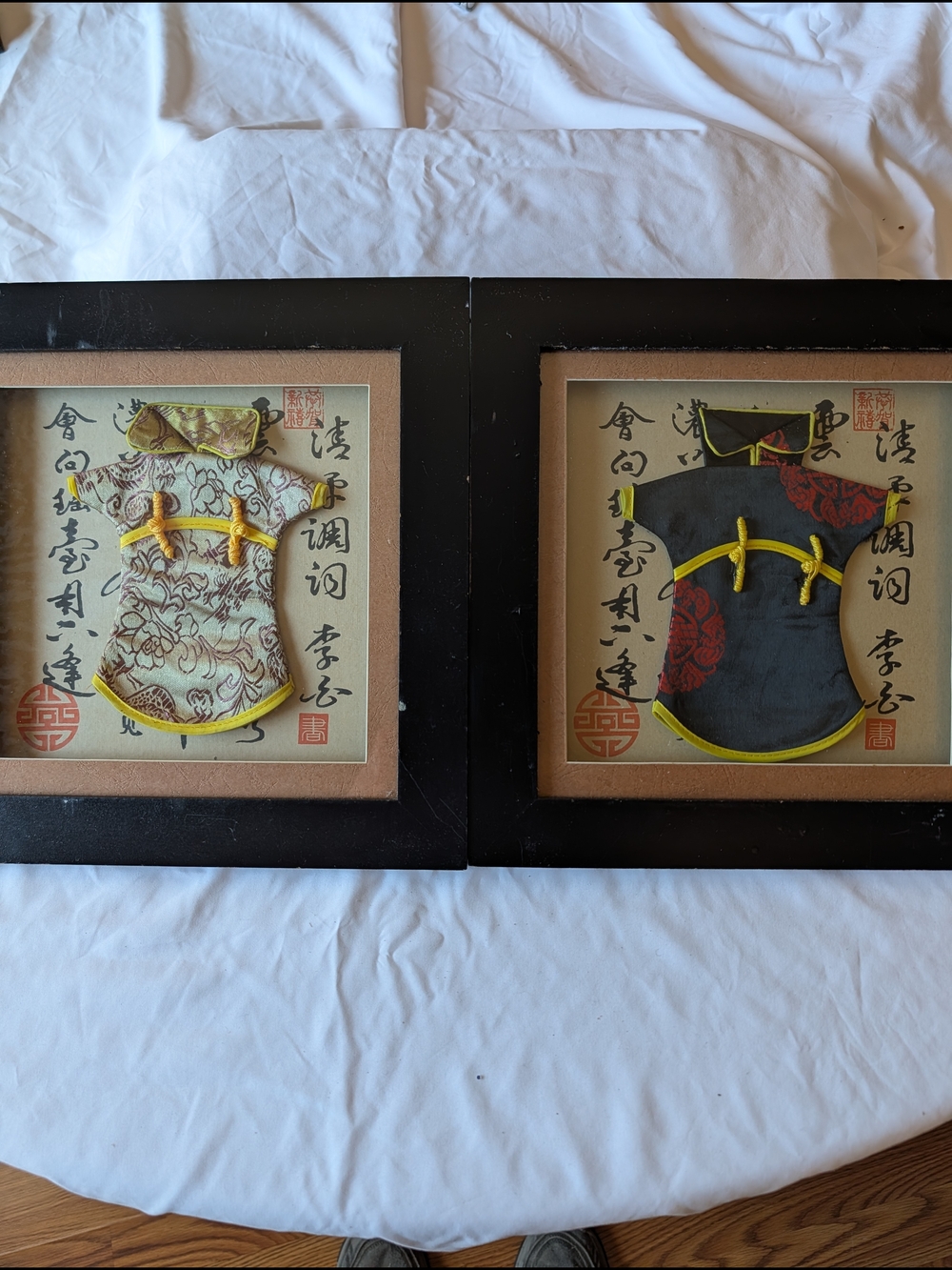 Framed Chinese Cheongsam Textile Art Wall Set in Black and Cream